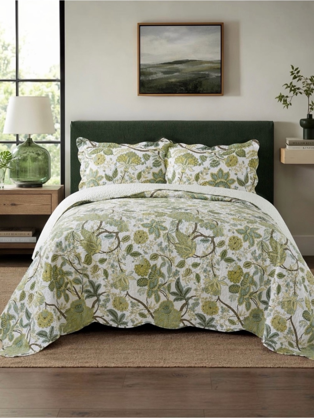 NEW Anthropologie Green Floral Cotton Quilt Bedding Bedspread Duvet Sham & Set